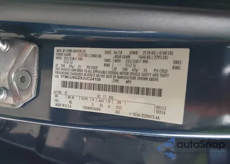 2018 Ford Escape Se z USA, uszkodzony, nr VIN 1FMCU9GD9JUC24100